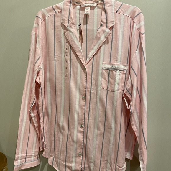 VS Button Up, Pink, Gray & White stripe, long sleeve PJ top, sz Large - Picture 1 of 6